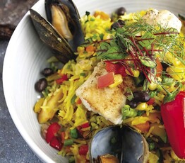 Pan-Seared Halibut with Shellfish Paella and Three Sisters Succotash