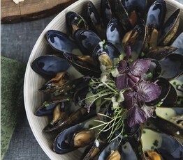 Steamed Aspy Bay Mussels with Sambuca Chive Reduction