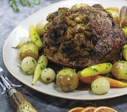 Roasted Mangalitsa Pork Loin Stuffed with Apricots, Rosemary and Pears