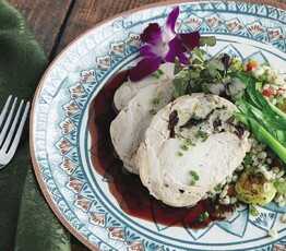 Sausage Stuffed Cranberry Chicken Roulade with Haskap Jus