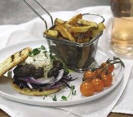 Charbroiled Lamb Burger with Red Onion Cabbage Slaw and Mustard Aioli