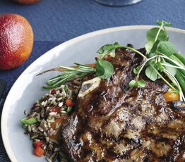 Charbroiled Rib-Eye Steak with Blood Orange and Spiced Rum Reduction