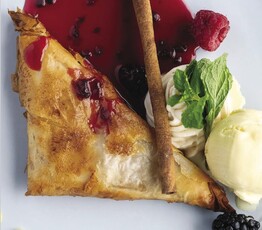 Phyllo-Wrapped Cheesecake with Blueberry Compote adn Sour Cream Ice Cream