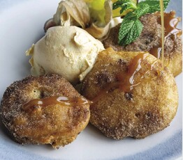 Hot Apple Fritters with Cheddar Ice Cream and Whisky Caramel Sauce