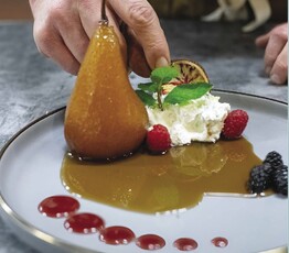Spiced Red Wine Poached Pear with Whipped Blue Cheese Cream
