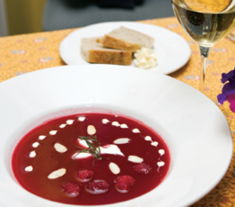 Cold Raspberry Soup with White Chocolate Mousse and Lemon-Infused Yogourt