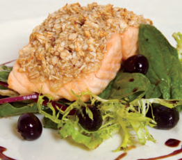Oat-Crusted Salmon on Wild Blueberry, Frisee and Spinach Salad