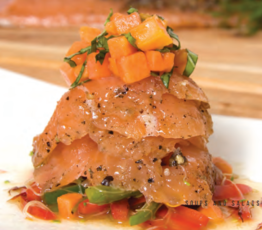Gravlax Salad with Papaya Basil Salsa and Julienne Peppers and Sprouts
