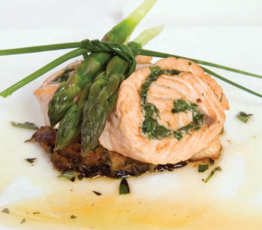 Pan-Seared Medallion of BC Salmon with Potato, Apple and Dungeness Crab Cake