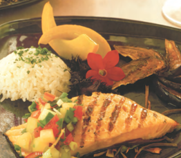 Salmon with Leek Straw and Mango and Orange Salsa