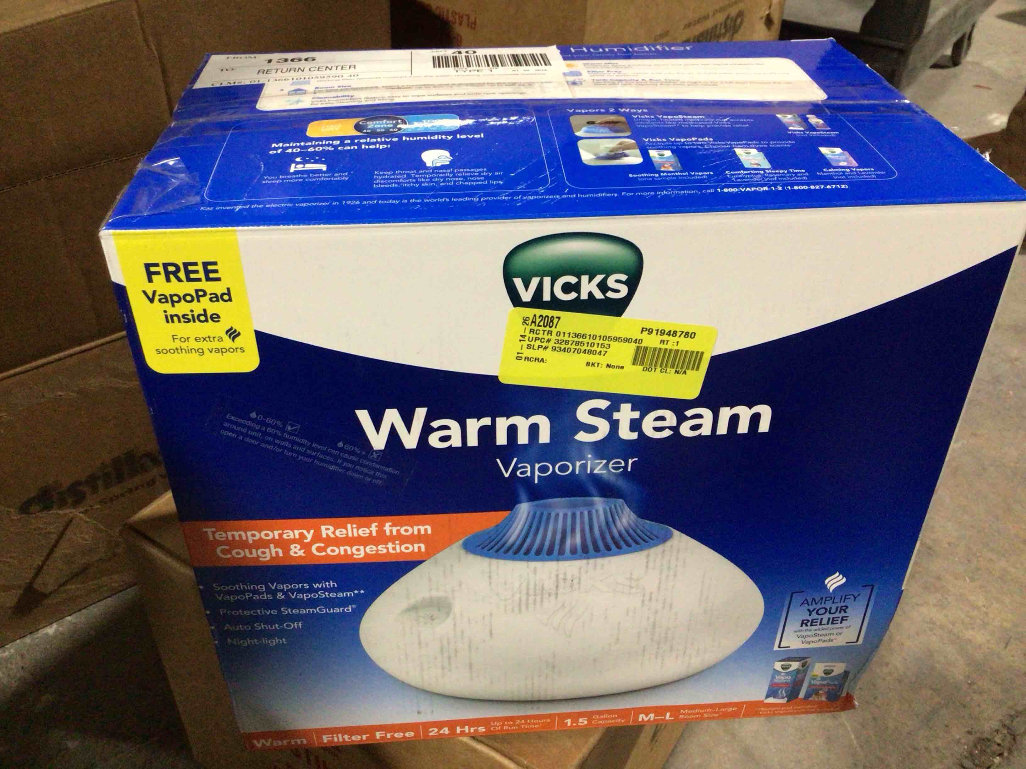 Condition photo showing Good Condition for Vicks Warm Steam Vaporizer Humidifier with Night Light, 1.5 Gal, 600 Sq. Ft, White, V150SGNLUPCV2
