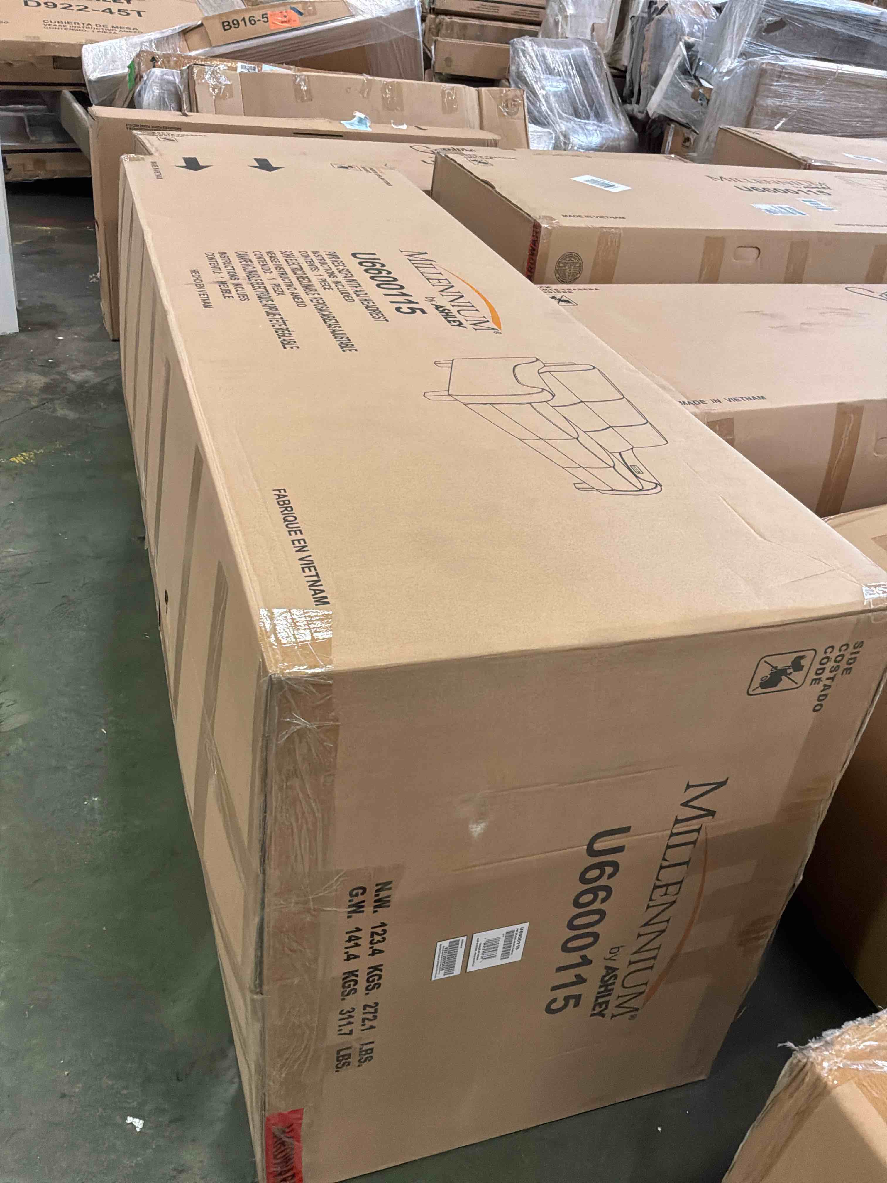 Condition photo showing New/Like New for mosswell dual power leather reclining sofa