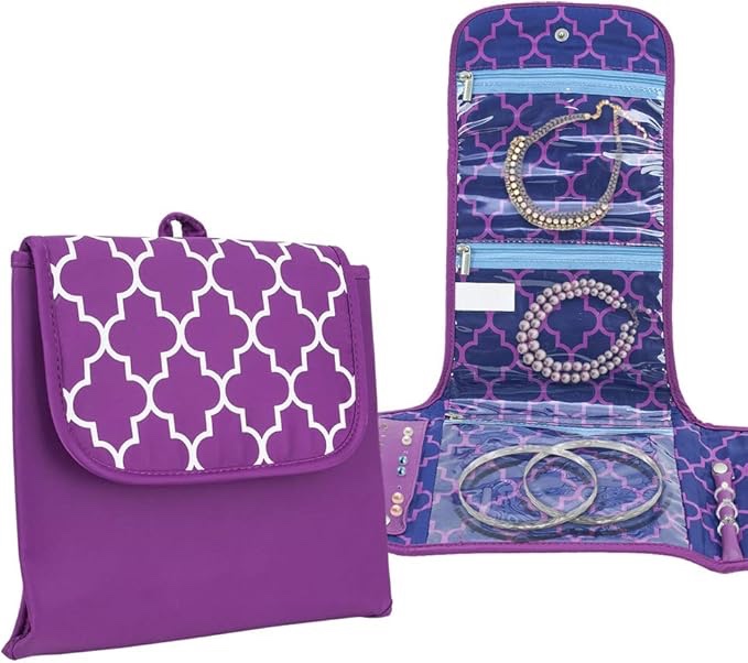 travelon folding jewelry organizer bag necklace earrings rings bracelet purple