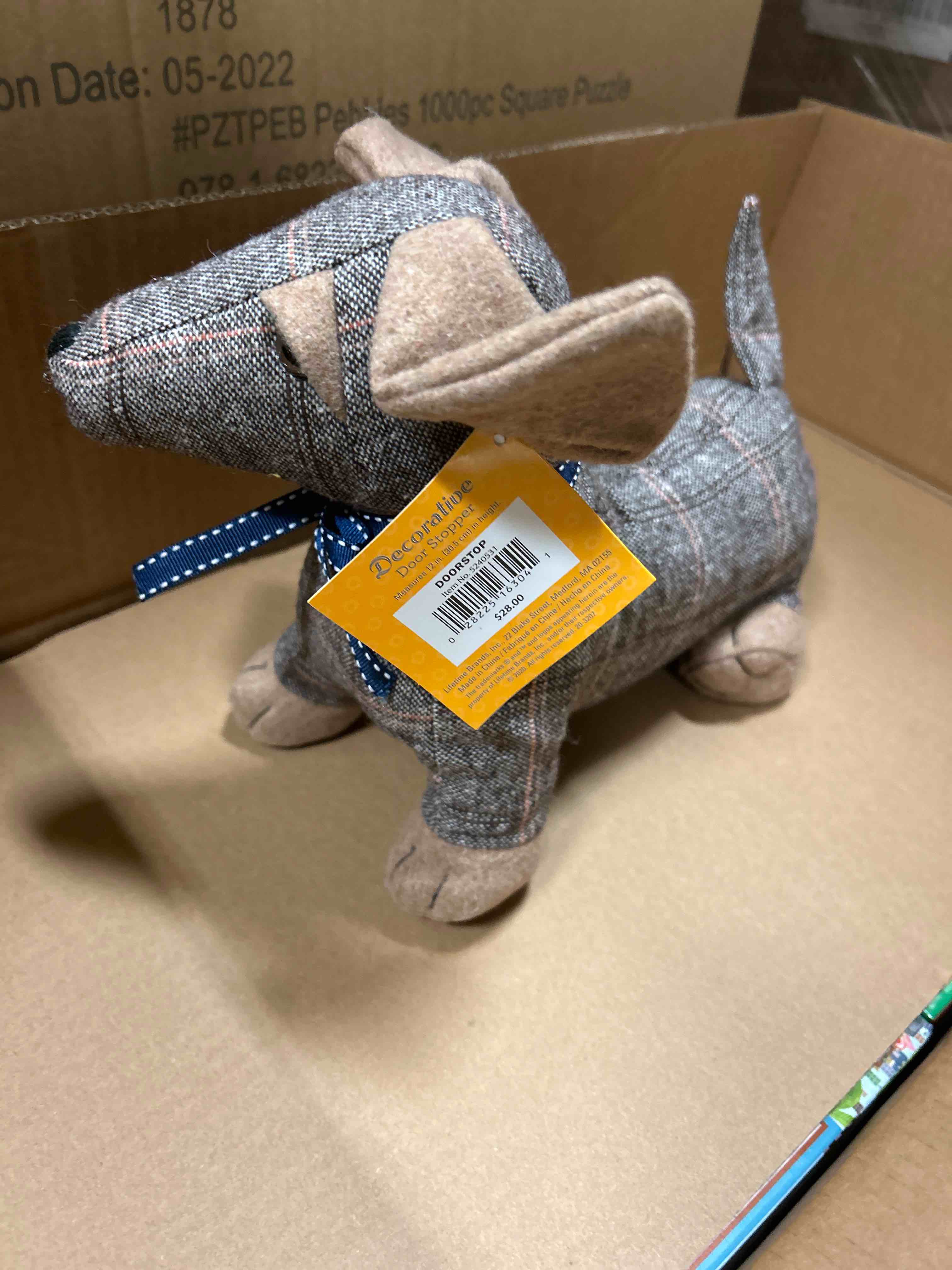 Condition photo showing New/Like New for elements polyester plaid dachshund door stopper - decorative & functional heavy-duty design for home or office, durable 12-inch weighted door stop for bedrooms, entryways, living rooms