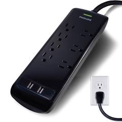 Philips 7-Outlet Surge Protector, 2 USB Ports, 4 Ft Extension Cord, Power Strip,