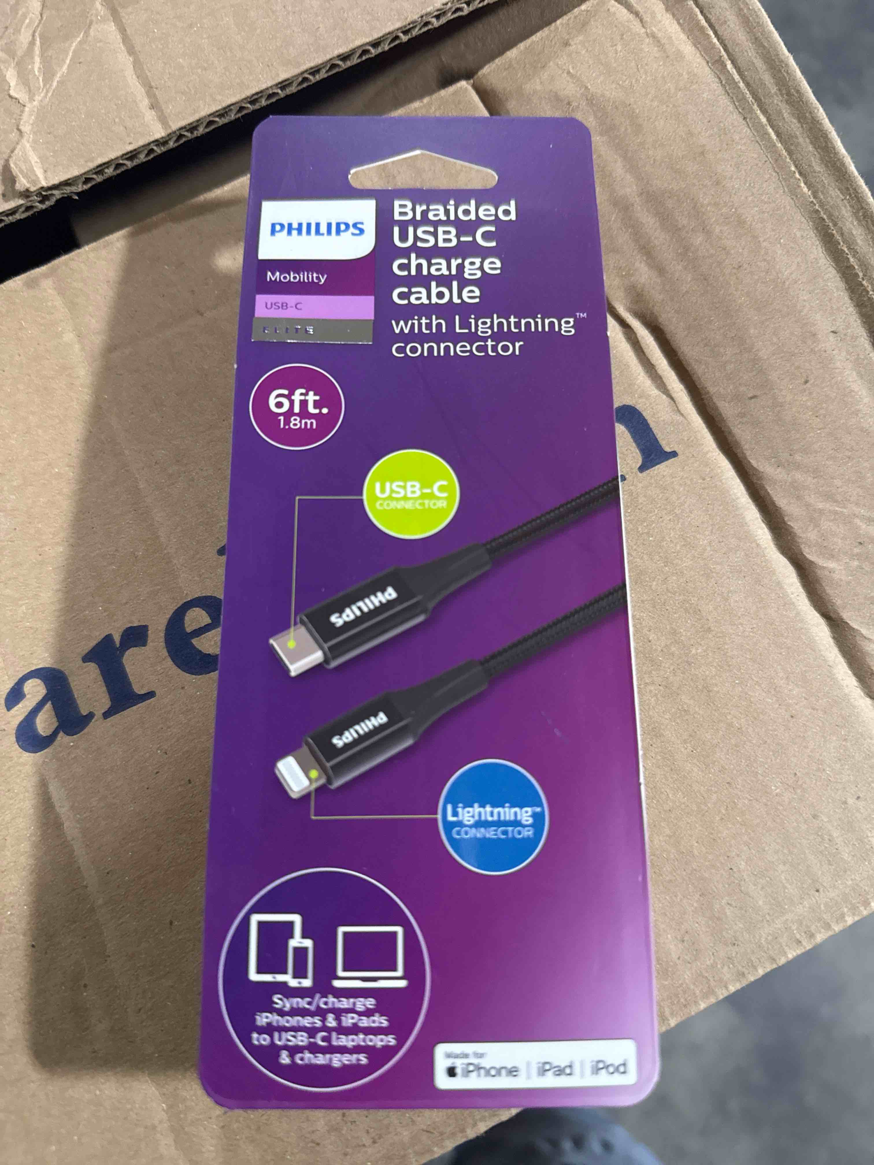 Product photo of Philips DLC4206BL USB-C to Lightning Charging Cable 6ft - Black in New/Like New condition