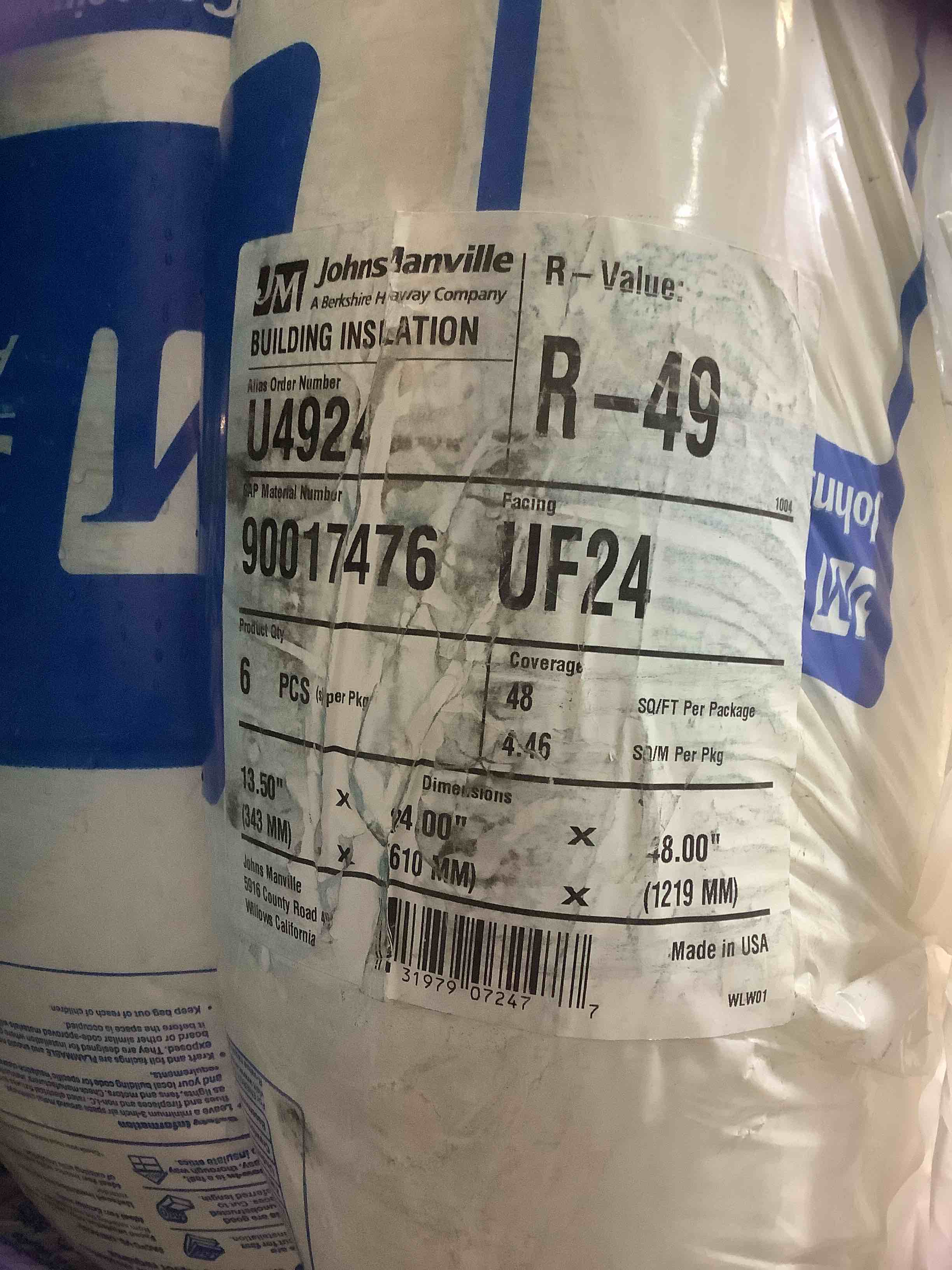 Condition photo showing New/Like New for 4- Bags- Johns Manville R-49 Unfaced Fiberglass Insulation Batt, 24 in. x 48 in.