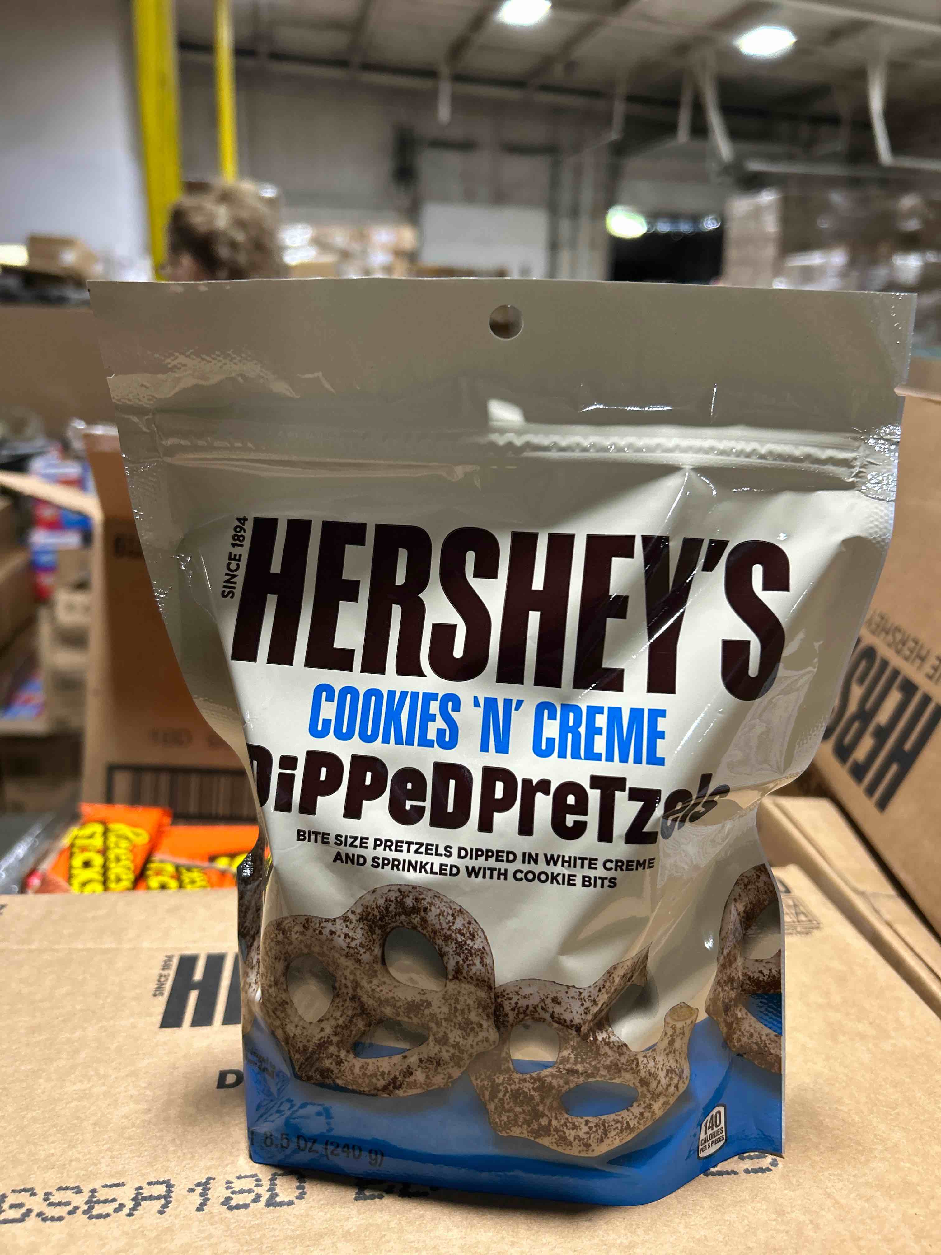 Condition photo showing Brand New for hershey's cookies 'n' creme dipped pretzels bag, 8.5 oz best by 10/25