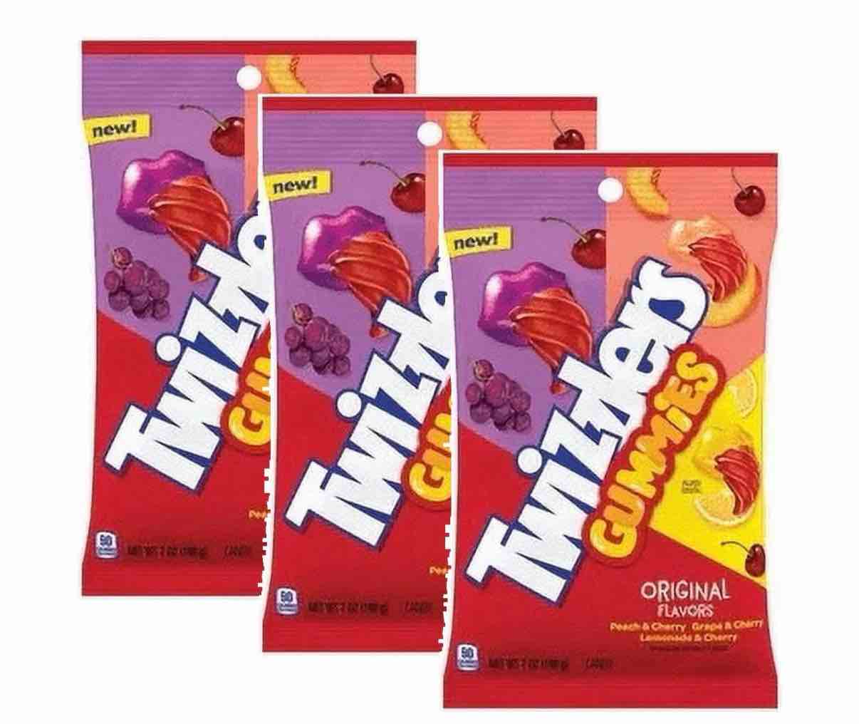 12 bags Twizzlers  gummy’s original flavor, peach and cherry grape and cherry lemonade and cherry 3.7 ounce bag