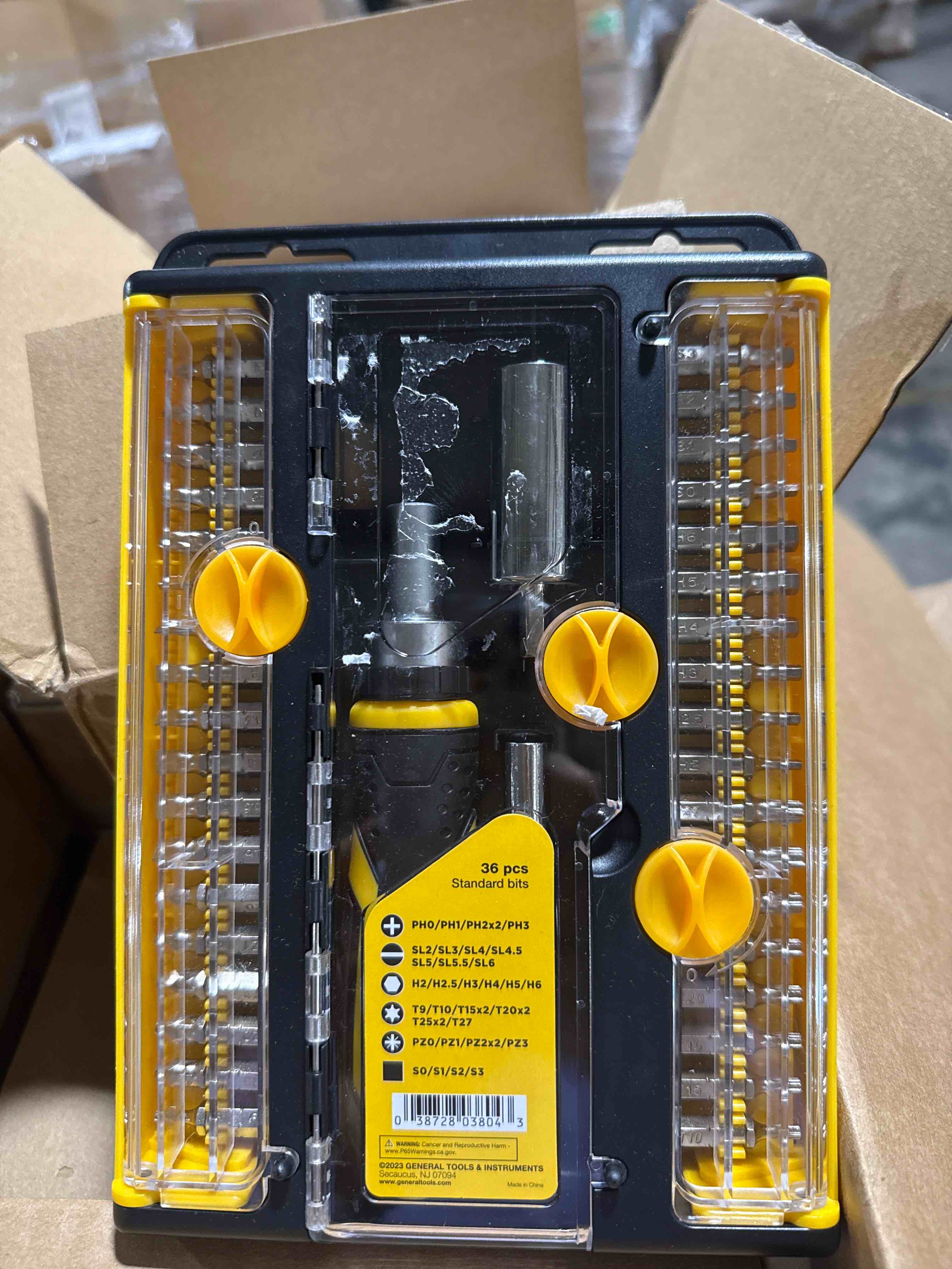 Condition photo showing New/Like New for 36 piece standard bits ratcheting screwdriver kit with universal wrench head