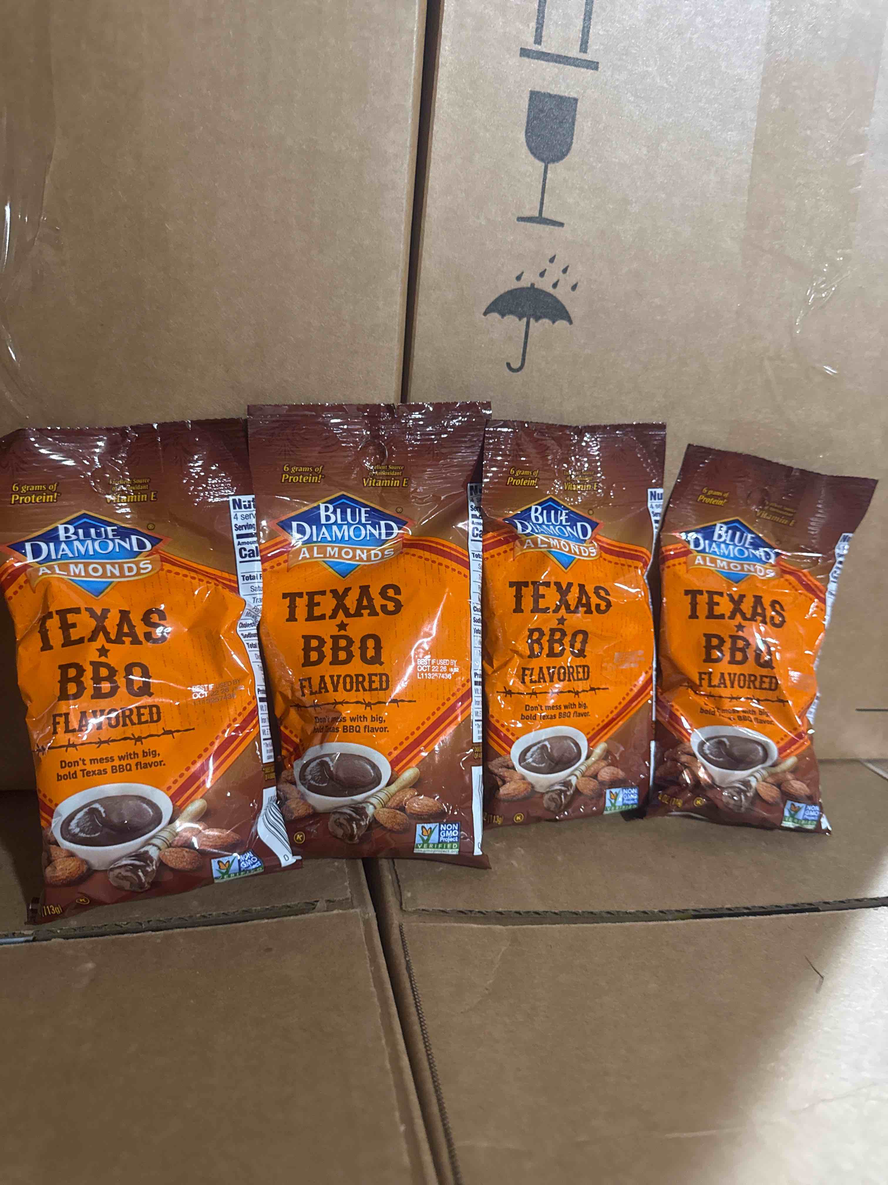 Condition photo showing New/Like New for blue diamond almonds texas bbq flavored 4oz bb sept/oct 2026 