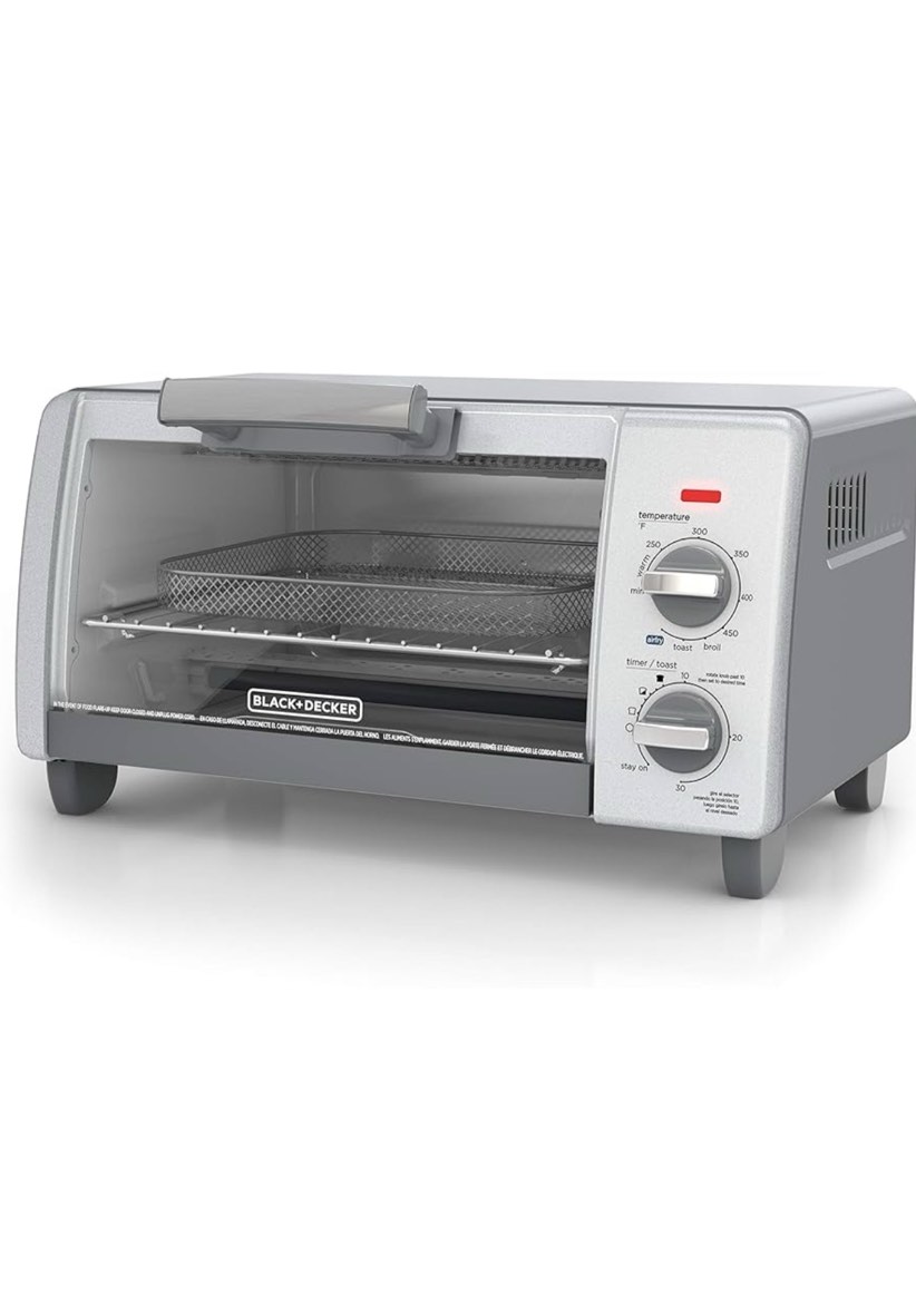 BLACK+DECKER Crisp ‘N Bake Air Fry 4-Slice Toaster Oven Silver & Black Fits 9 Inch Pizza .35 Cubic Feet