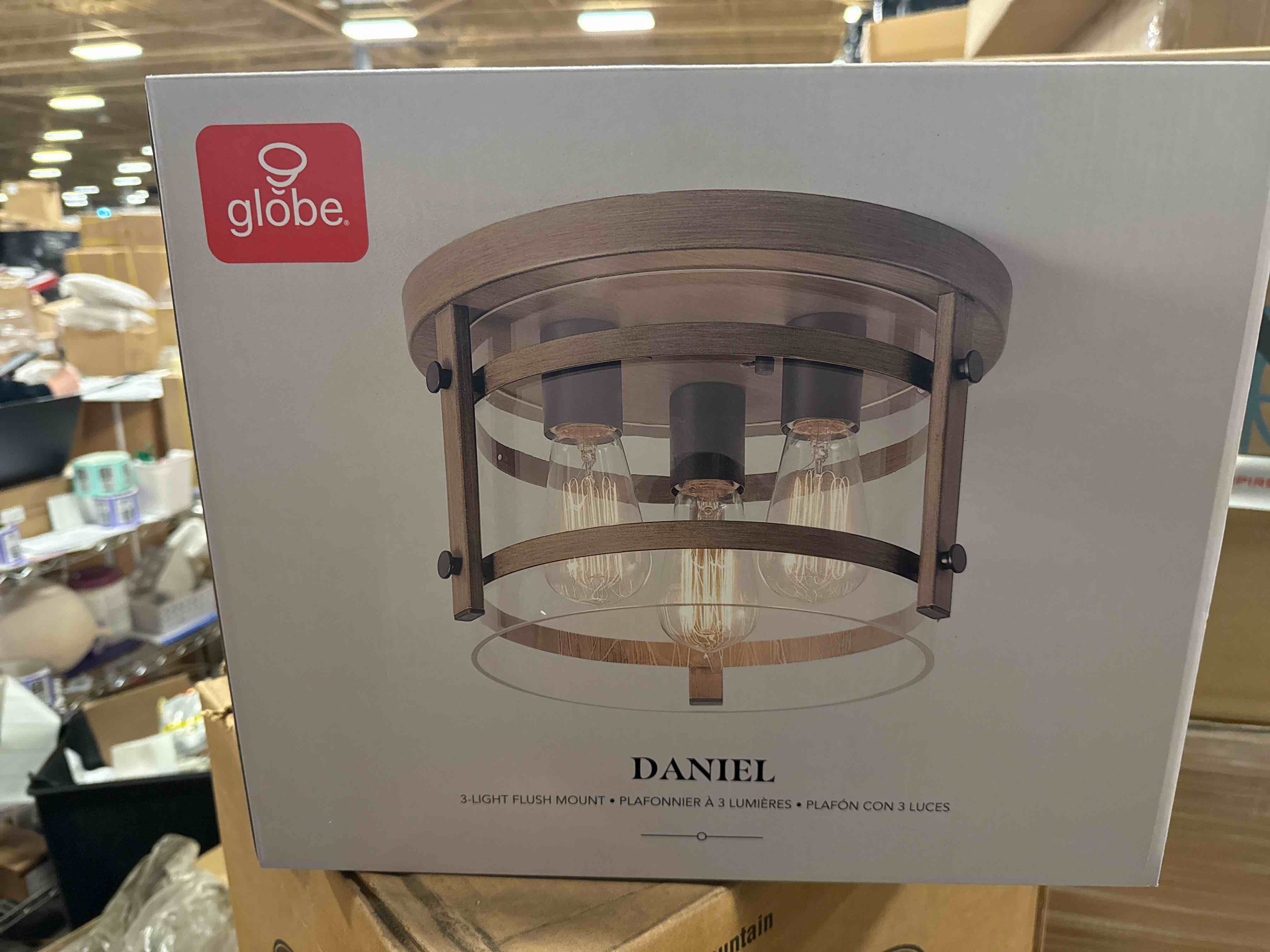 Globe Electric Rustic 3-Light Faux Wood Flush Mount Ceiling Light  Black Accents  Glass Shade  61022