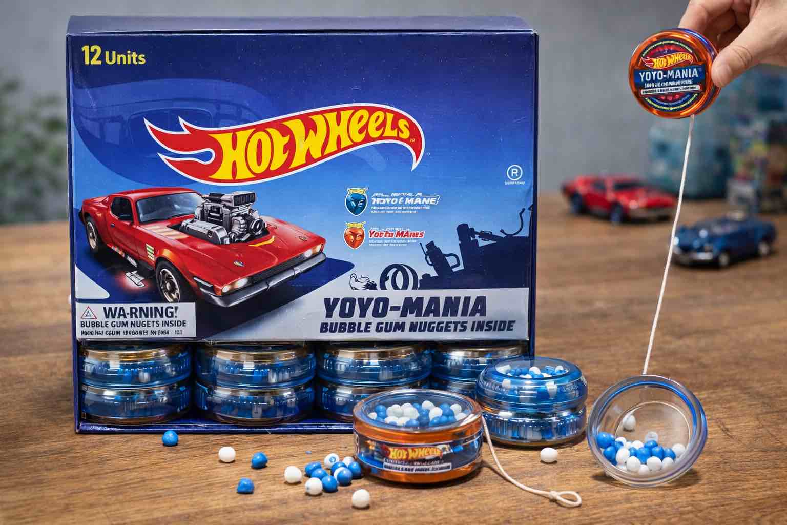 case of 12 yo-yo mania, bubblegum nuggets, inside blue raspberry, and strawberry flavored