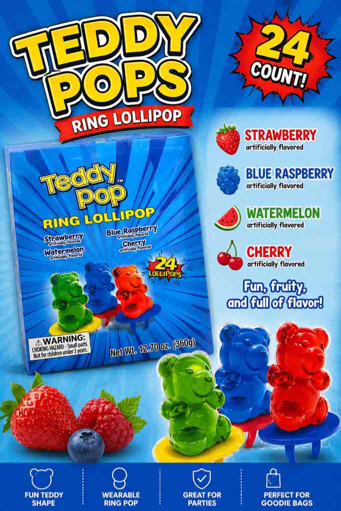 24 count, teddy pop, ring, lollipops, strawberry, blue raspberry, watermelon, cherry