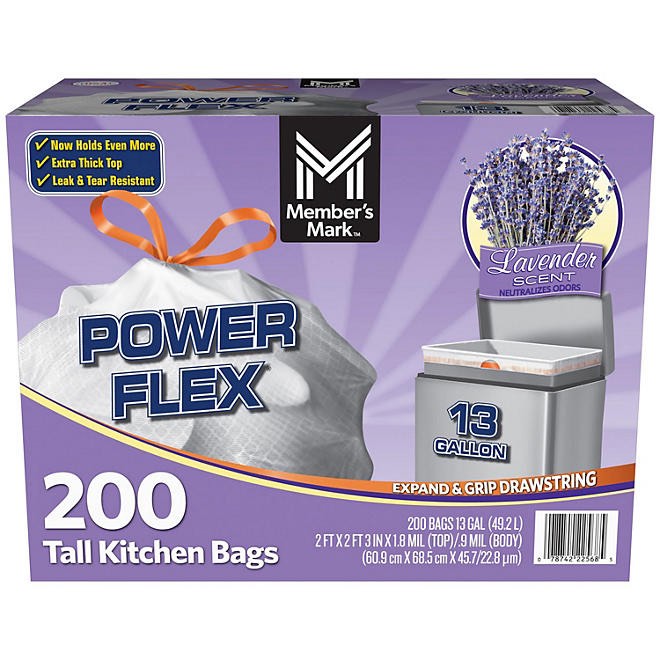 Member's Mark Power Flex Tall Kitchen Drawstring Trash Bags (13 gal, 100 Ct, Lavender ***First Come First Serve, Bid Per Roll, Grab 6 Rolls***