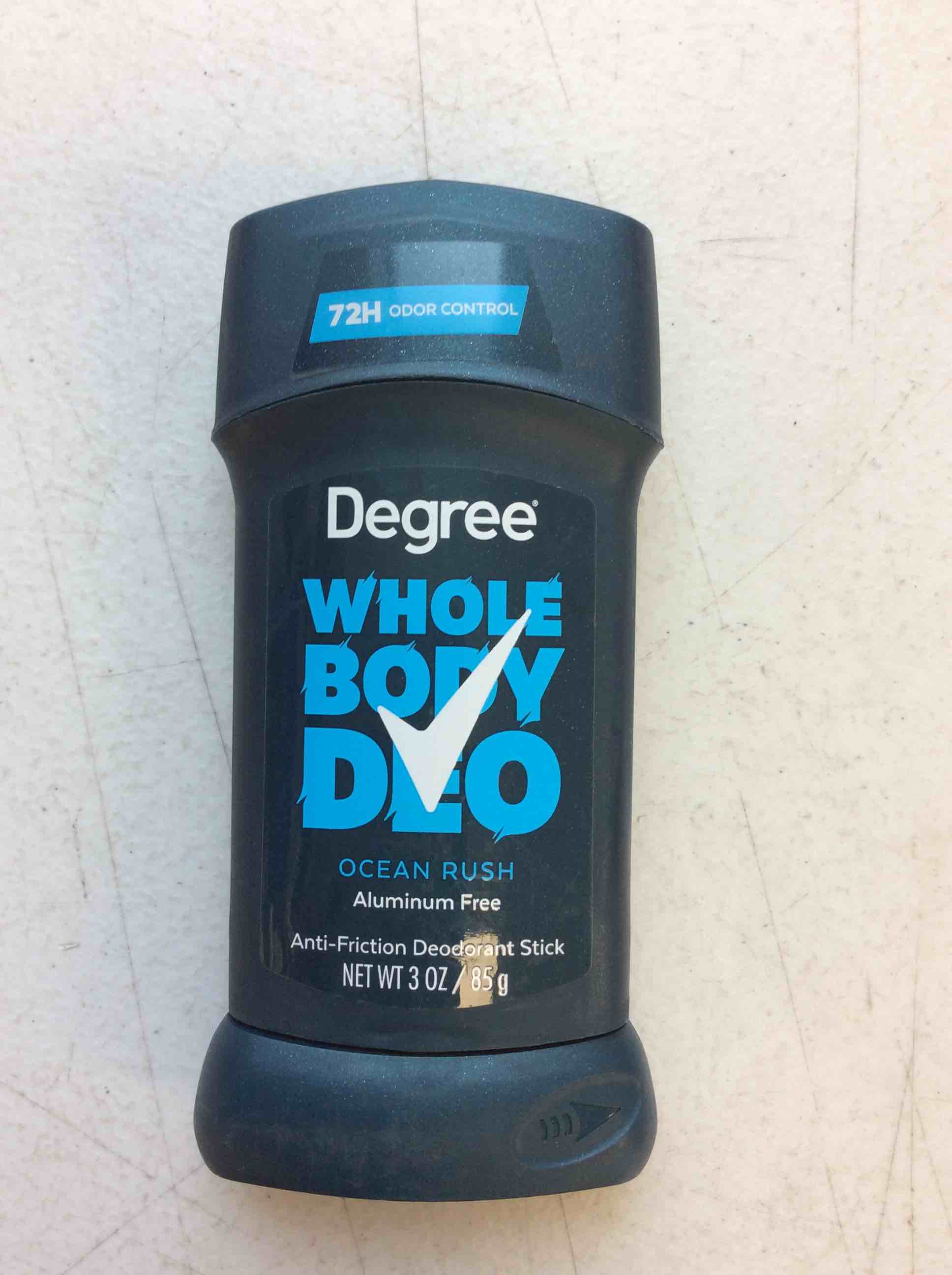 Condition photo showing New/Like New for degree men whole body deodorant stick, ocean rush scent, glides on clear + absorbs sweat, aluminum free 72h odor protection 3 oz