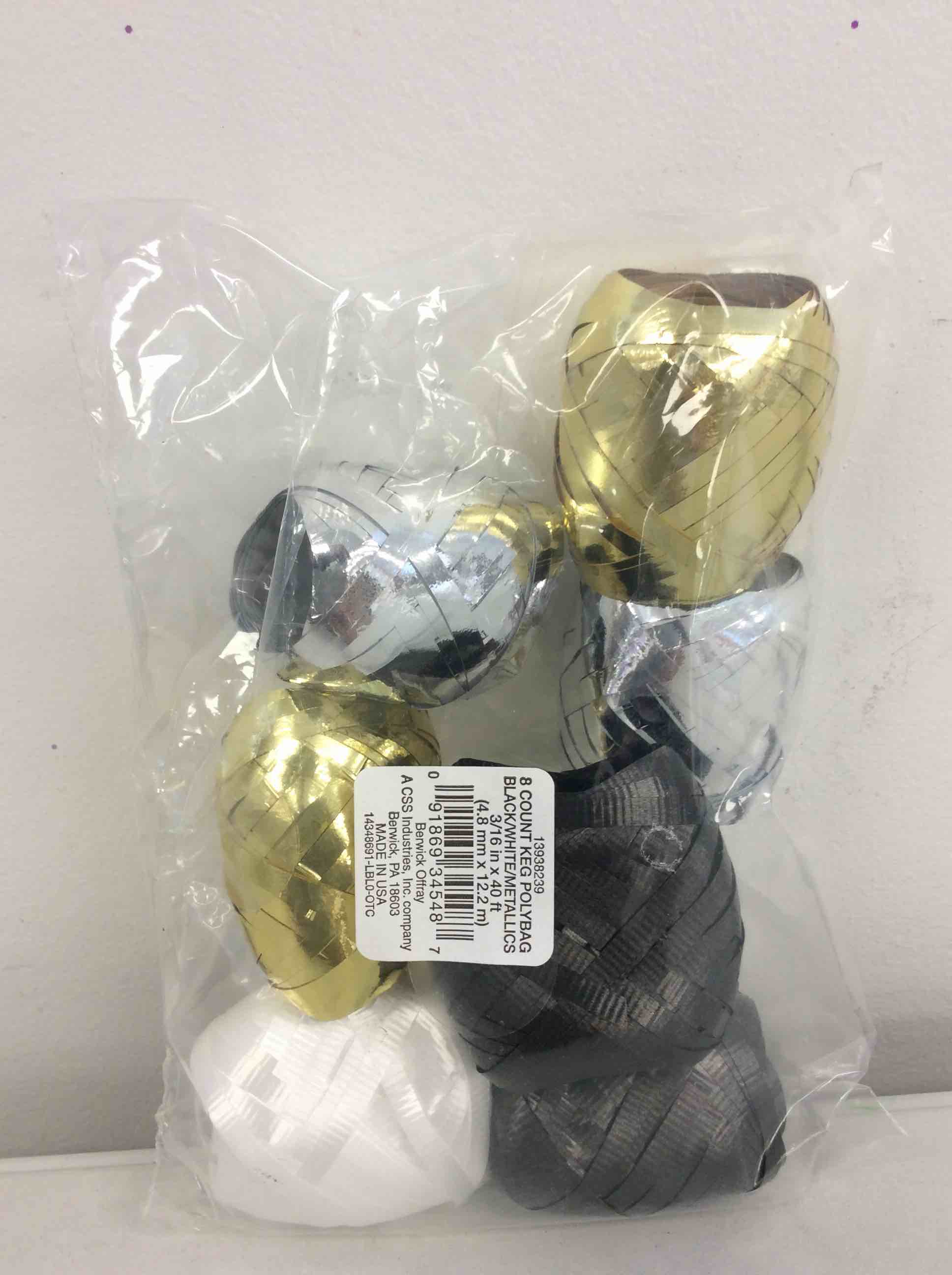 Condition photo showing New/Like New for 8 count keg polybag ribbon black/white/metallics  3/16in x 40ft