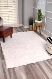 My Magic Carpet Washable Rug - Certified Vegan, Stain Resistant, Non-Slip - Pet & Family Friendly Machine Washable Indoor Rugs for Bedroom, Living Room, Kitchen, RV (Faux Fur White Shag, 6x6ft)