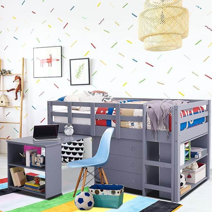 SEE DESCRIPTION Naomi Home Grey Twin Size Loft Bed with Desk, Bookcase Shelf, Cabinet Ladder, and Safety Guard Rails