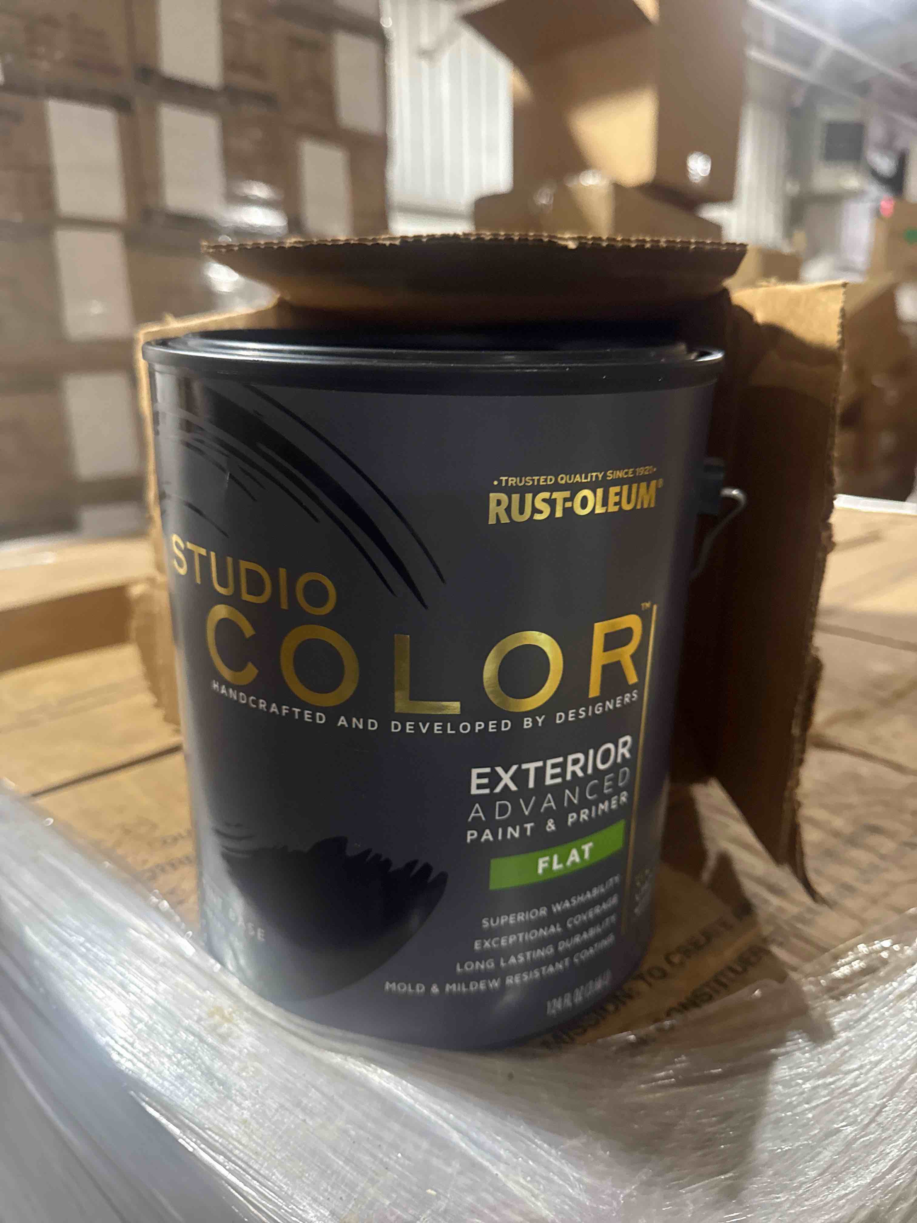 Condition photo showing New/Like New for rust-oleum studio color exterior advanced paint & primer flat 1 gallon 