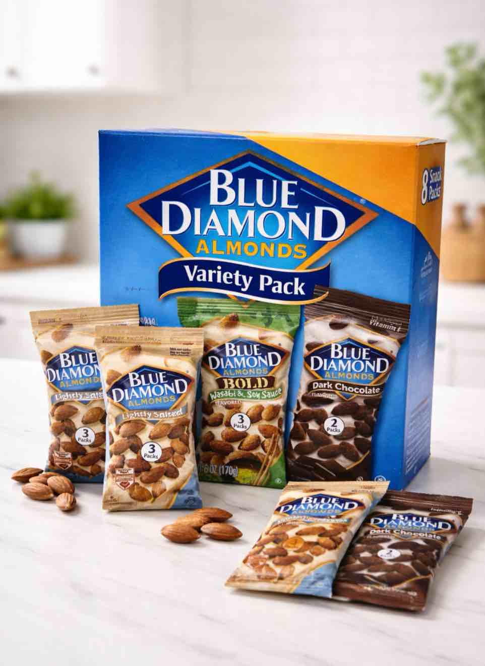 Blue Diamond Almonds Snack Nut Variety Pack for Kids, Office, School, On-the-go, 0.75 oz Gluten Free Individual Packs, Wasabi & Soy Sauce, Lightly Salted, and Dark Chocolate (Pack of 8) BB Jan 28,2026