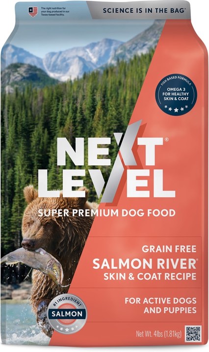 (case pack of 8 bags) Next Level Super Premium Dog Food – Grain Free Salmon River – Dry Kibble for Dogs at All Life Stages of All Breeds – 28% Protein, Fish and Sweet Potato, Gluten Free Grains (4lb. bag), (best by 2/26/2026)