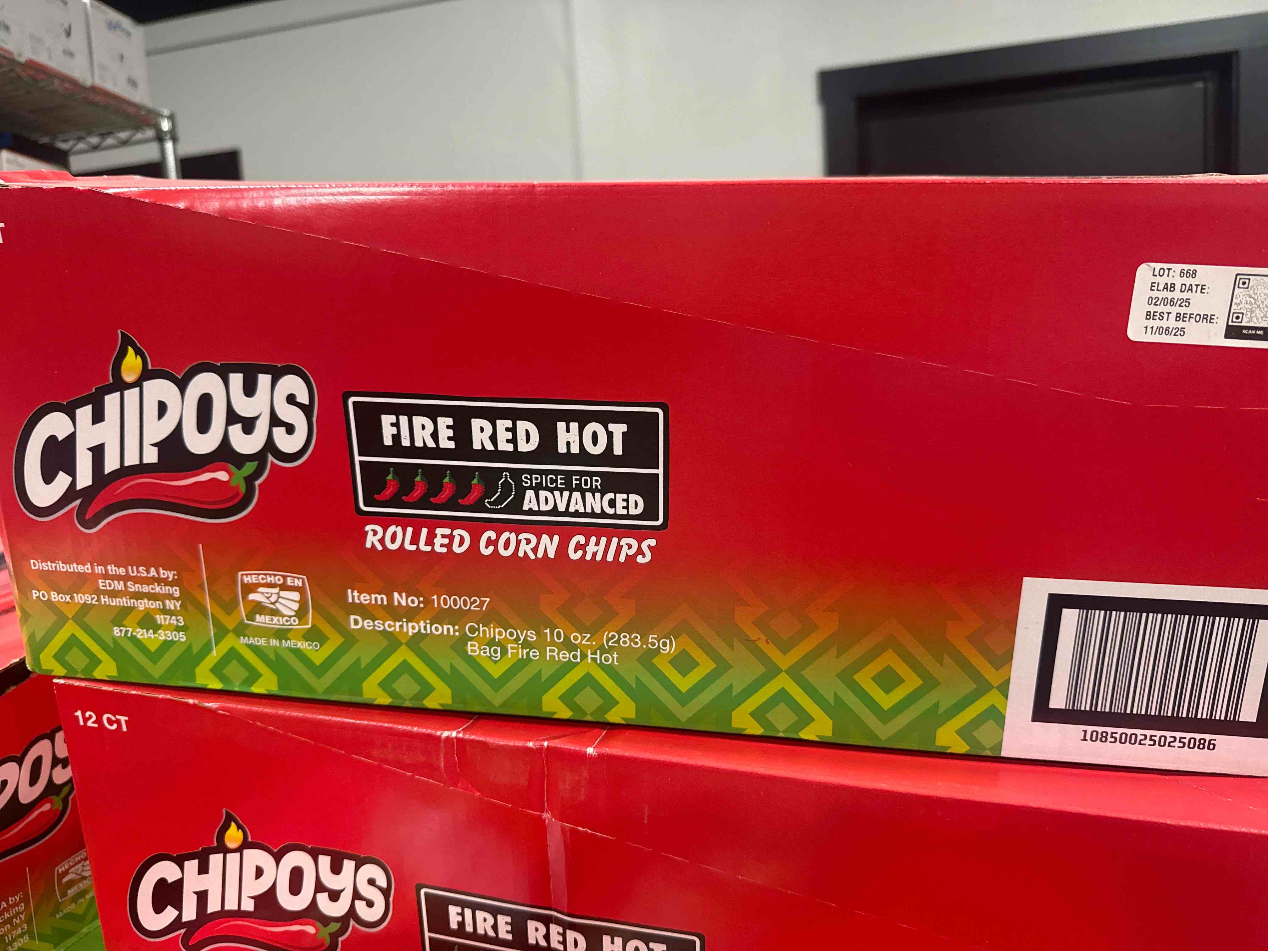 Condition photo showing Brand New for BB 11/06/25 12 count 10 oz bags Fire Res Hot Chipoys 