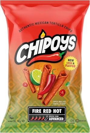 Chipoys Fire Red Hot Spicy Rolled Corn Tortilla Chips, Gluten-Free, No Trans Fat, High Protein, Low-Calorie Flavorful Mexican Snacks, Made of Crunchy Maiz Chips with Natural Ingredients (BB 4.15.25) 