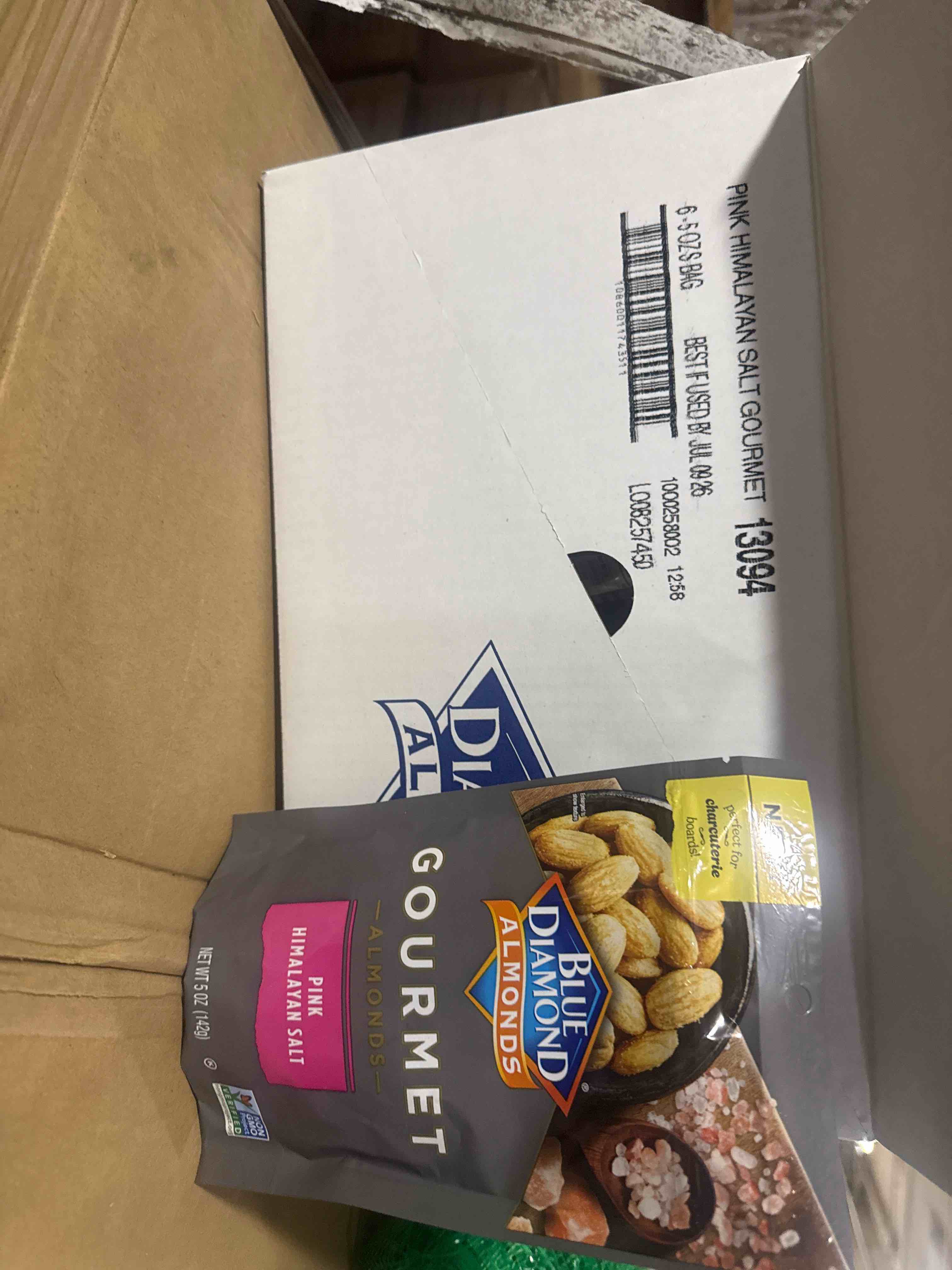 Condition photo showing New/Like New for blue diamond gourmet almonds pink himalayan salt 5oz bb july 2026 - bid per 5oz bag 