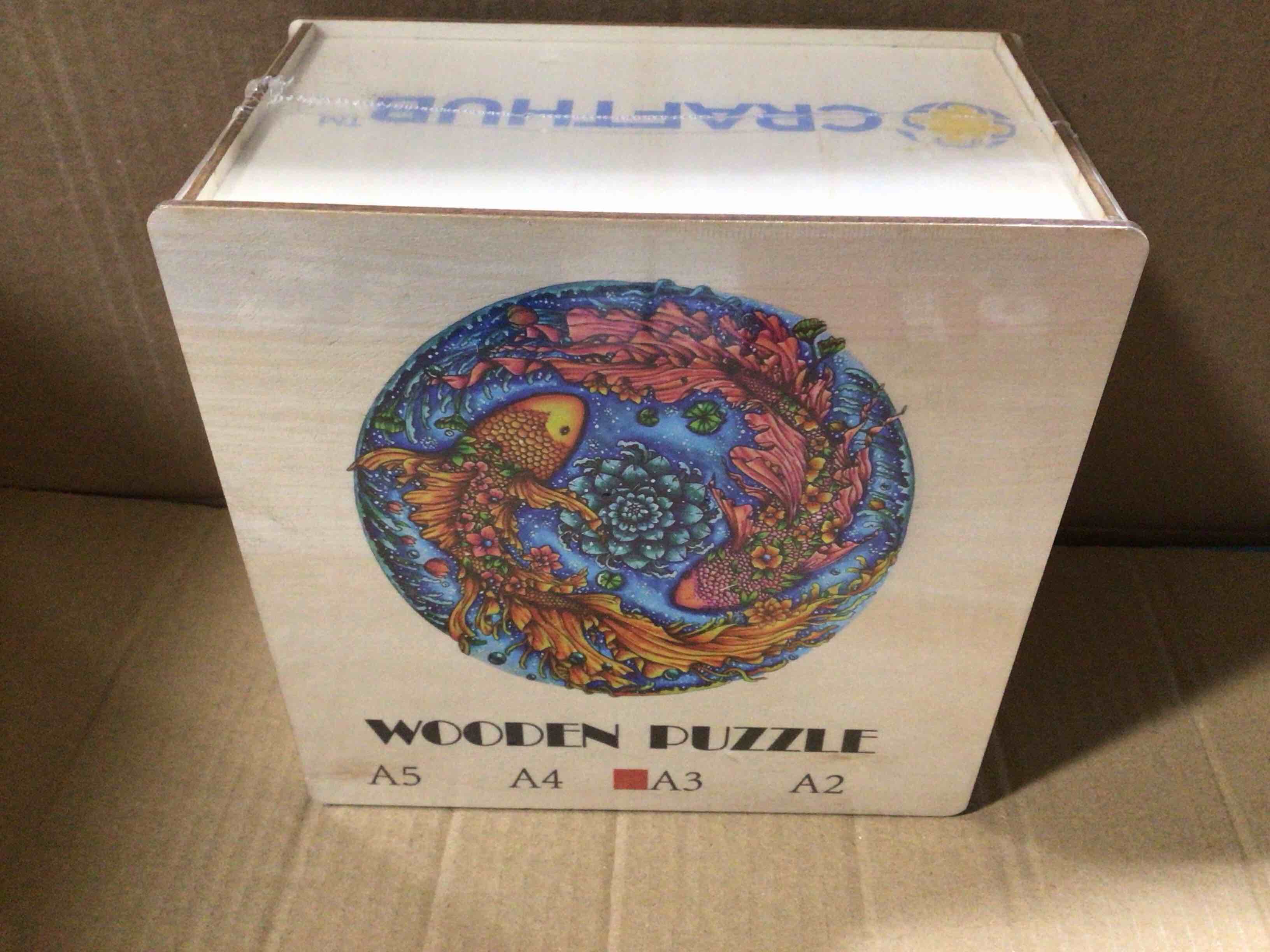 CraftHub Wooden Puzzle of Coy Fish Yin Yang, Size A3 in a Wooden Box