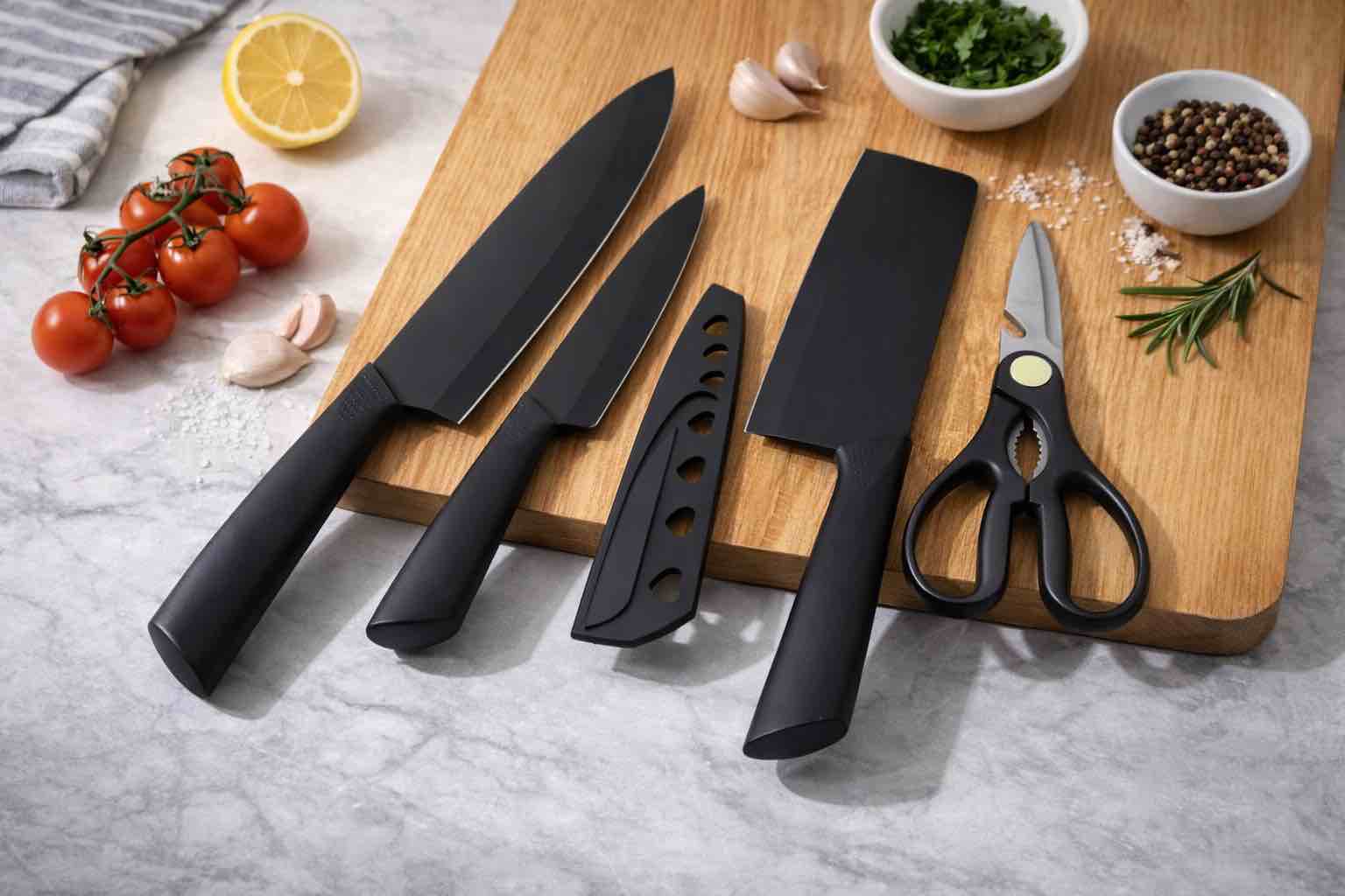 Sleek 4-piece black kitchen knife set with ergonomic handles and matching shears, designed for sharp precision and everyday meal prep. 
