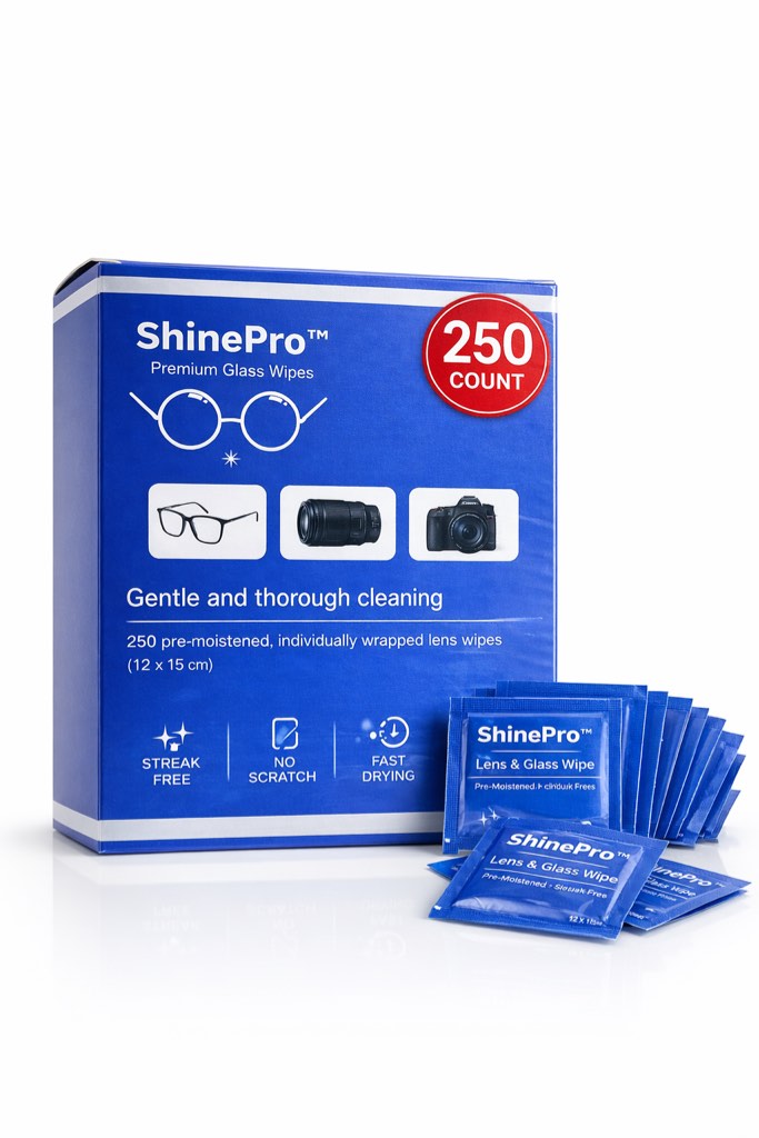 Shine Pro lens wipes 250 individually wrapped moist wipes, gentle thorough cleaning