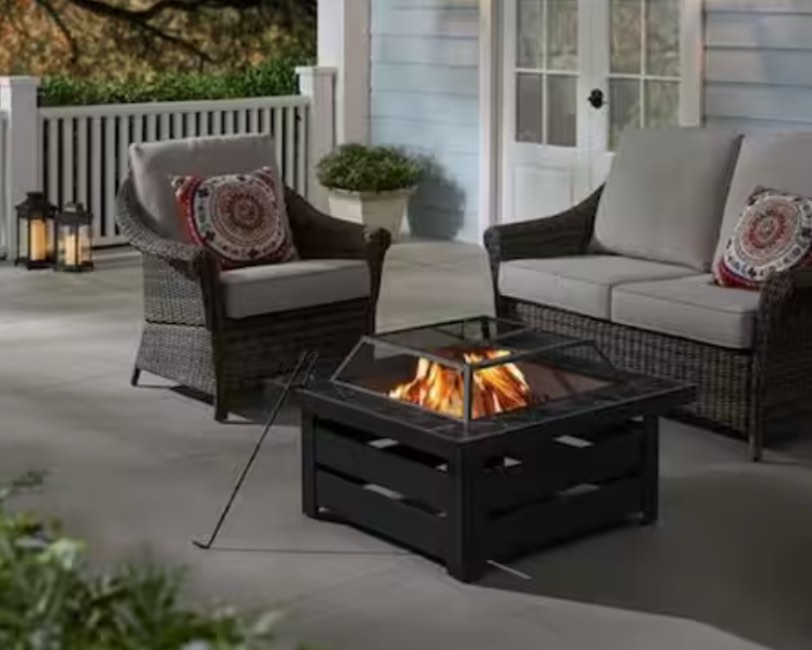 Stoneham 34.00in. W Black/Black Marble Steel Wood Outdoor Fire Pit with Grate, Cover, and Poker Included