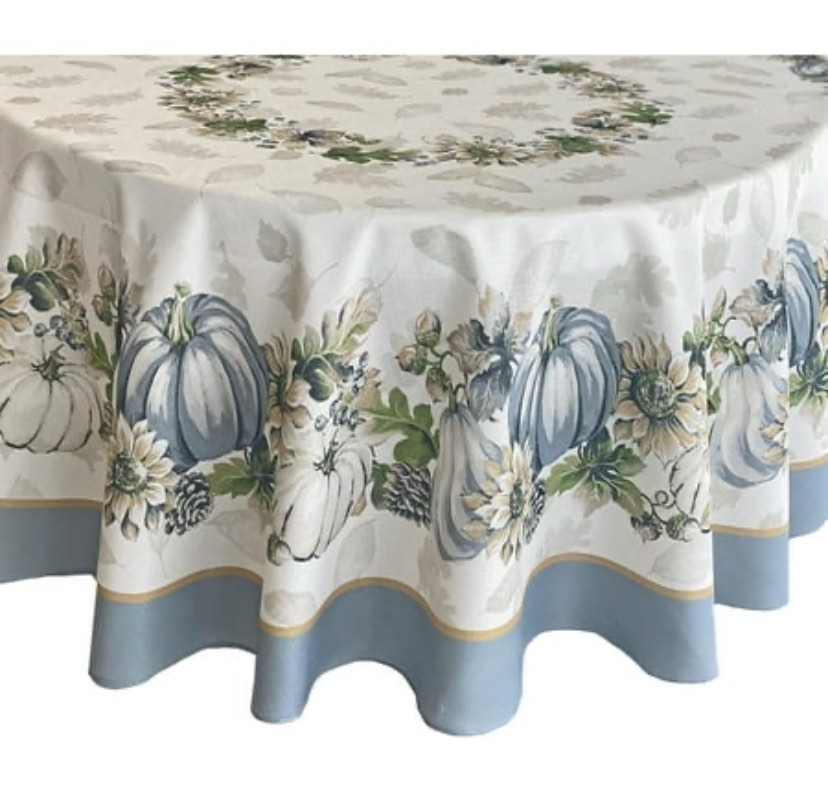 Newbridge Thanksgiving Blue Pumpkin Farmhouse Harvest Bordered 70 inch Round Fabric Tablecloth