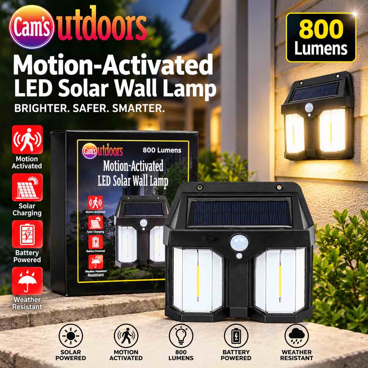 800 Lumens Motion-Activated LED Solar Wall Lamp
