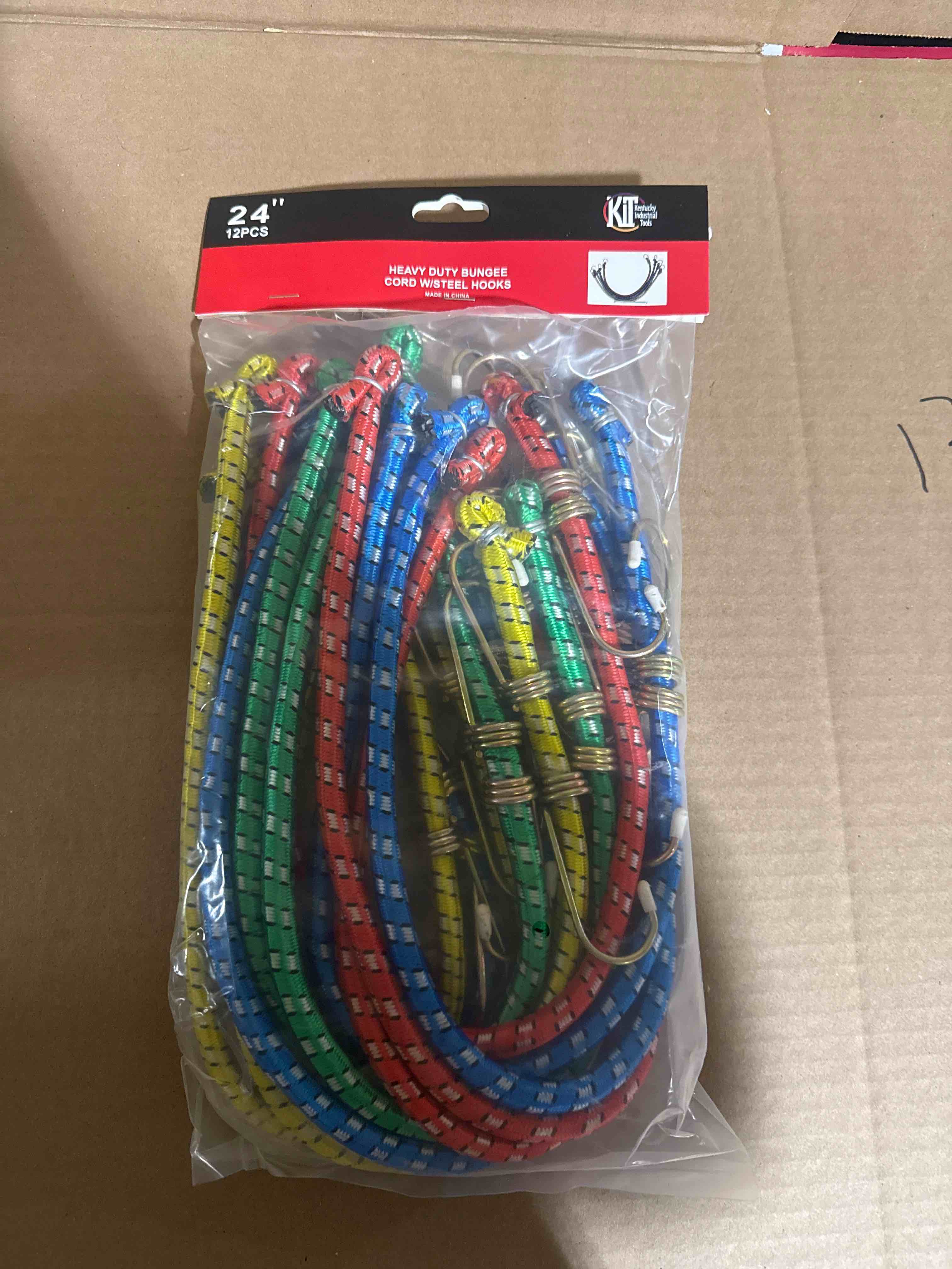 12 Pack of 24 inch heavy duty bungee cords with steel hooks.