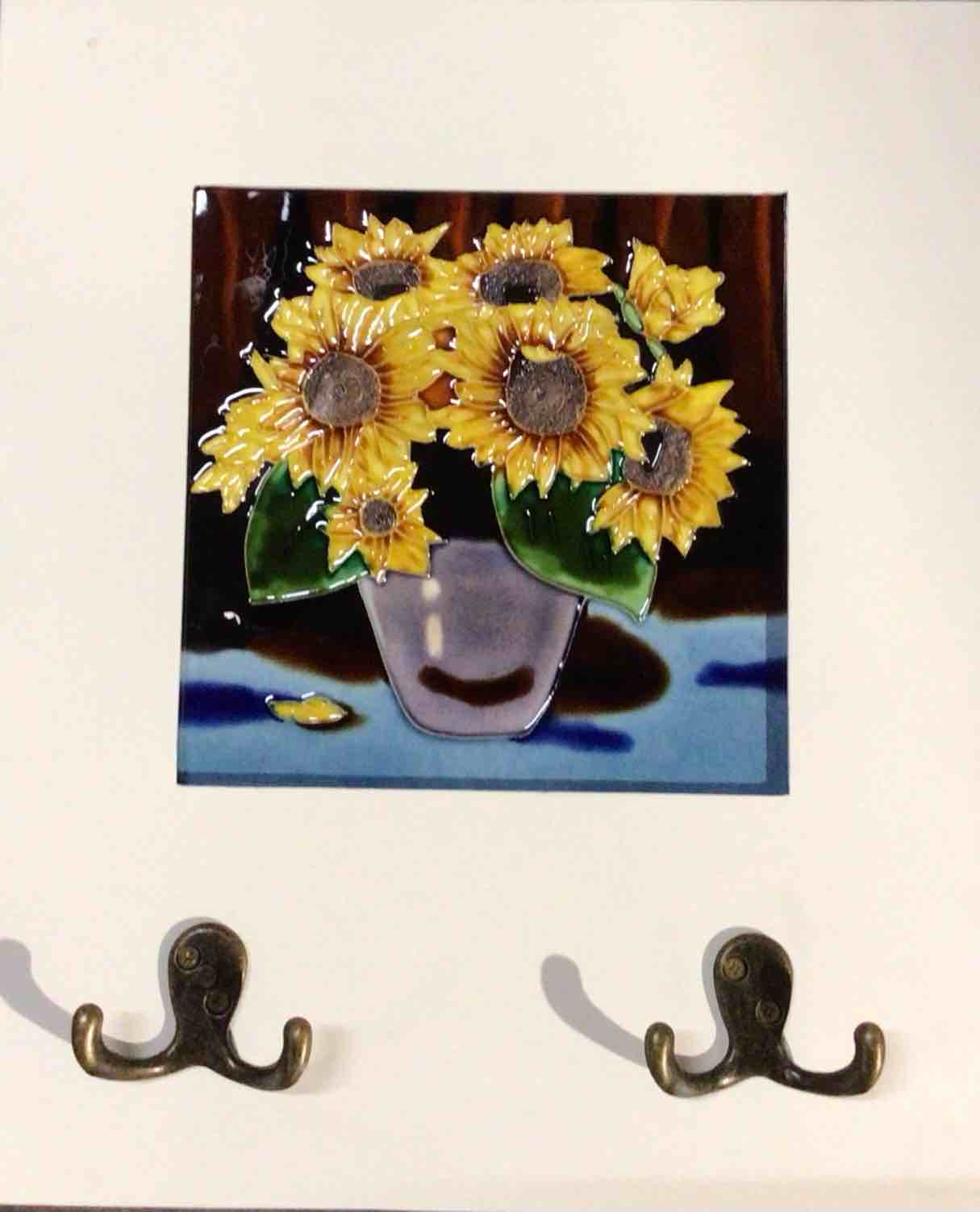 White Sunflower Wall Frame With Double Coat Hooks