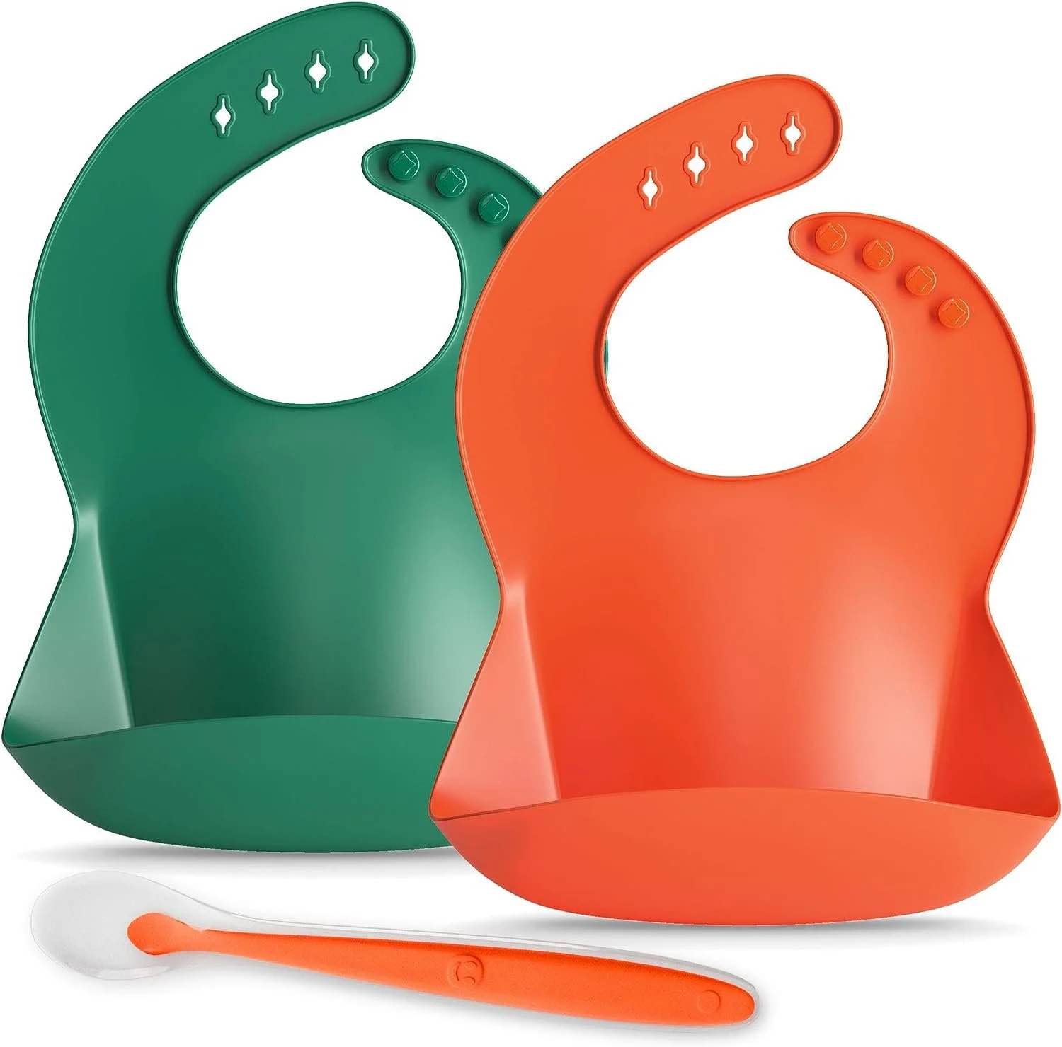 Silicone Bib for babies with Soft Feeding Spoon - for Infants and Toddlers - Food Grade Silicon bibs with pouch, food catcher, Waterproof, Dishwasher Safe - Satiety Green-Orange 2 pack Green/Orange