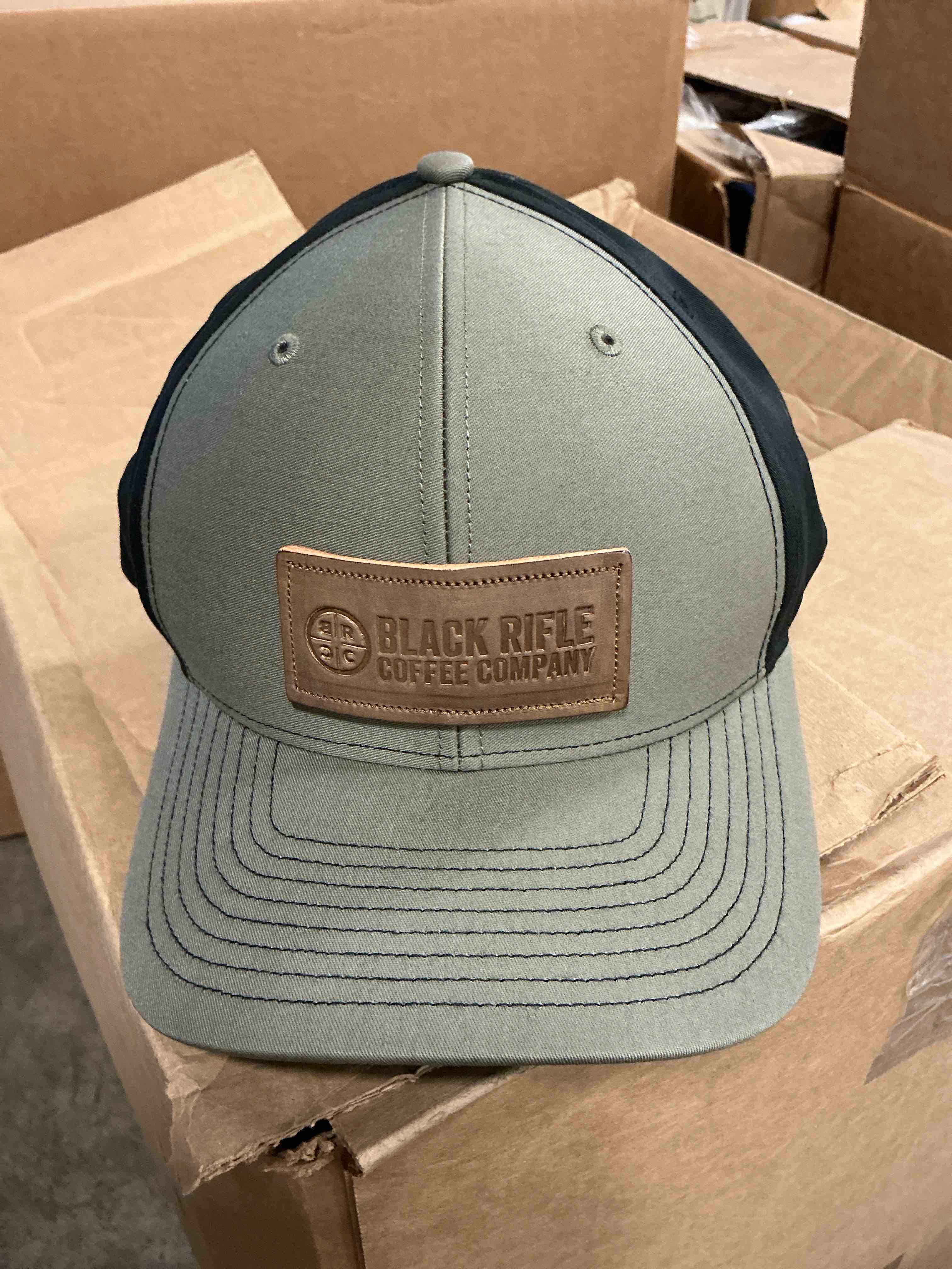 Black Rifle Coffee Company Hat with Brown leather logo, adjustable 